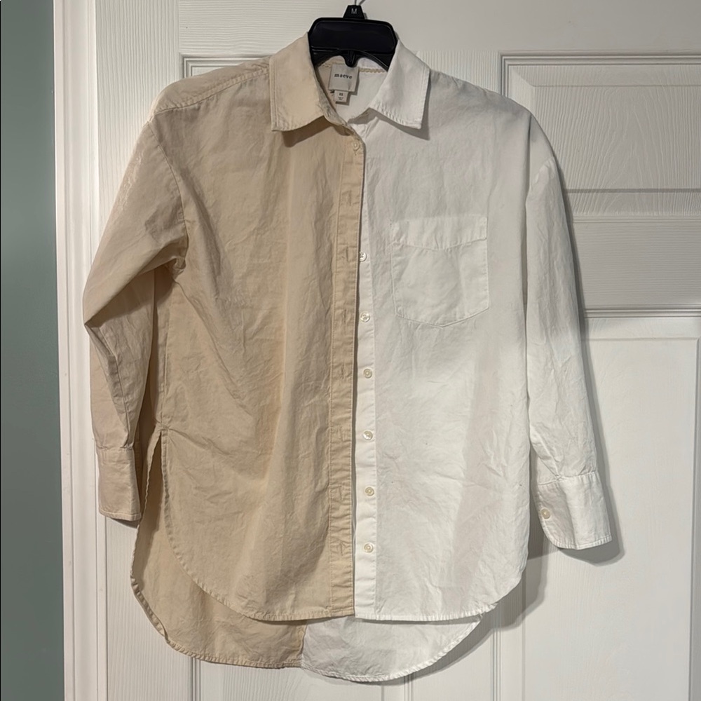 Maeve Tan and White Casual Button Down Shirt